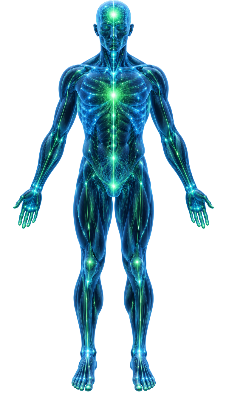 Glowing holographic human figure with six interactive AI capability anchors